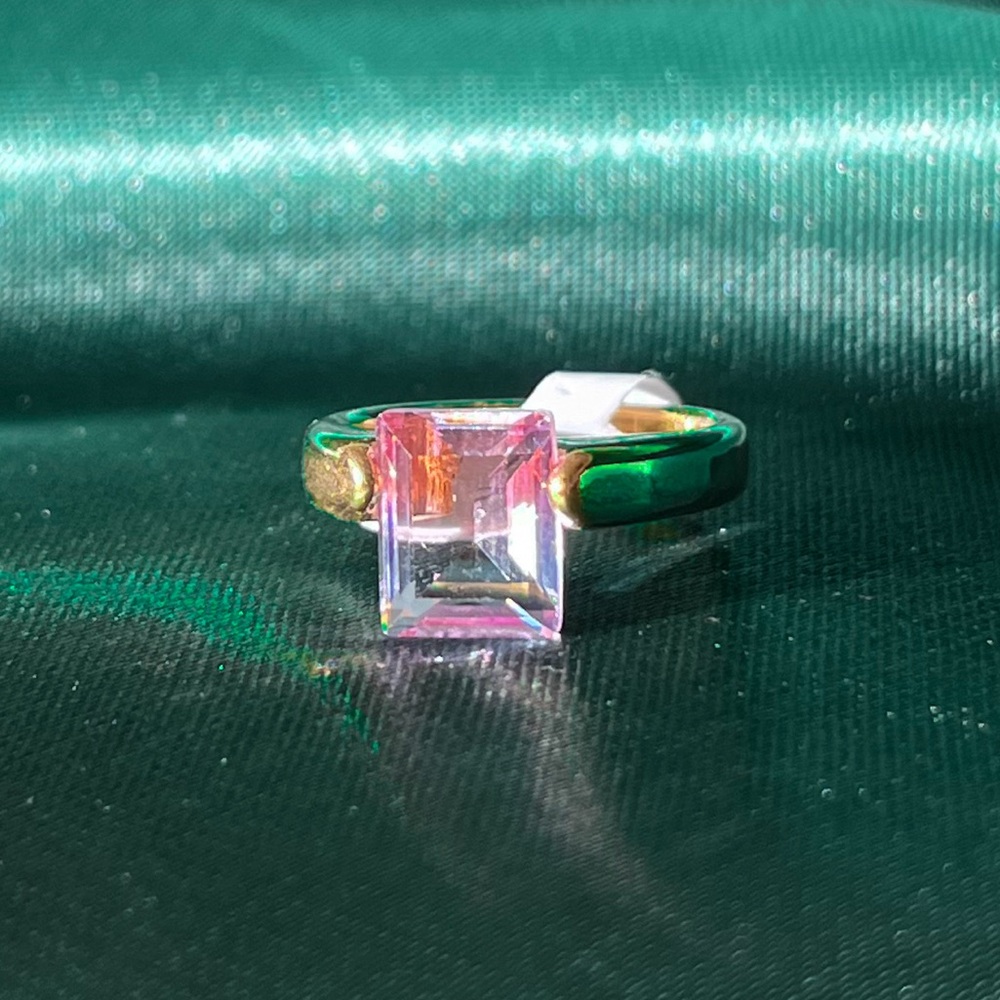 Gold Stainless Steel Ring With A Large Square Pink Gem